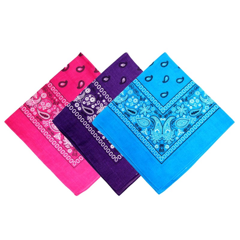 Novelty Bandanas Paisley Cotton Bandanas Single Pack (3 PACK Hot Pink+Dark Purple+Turquoise)